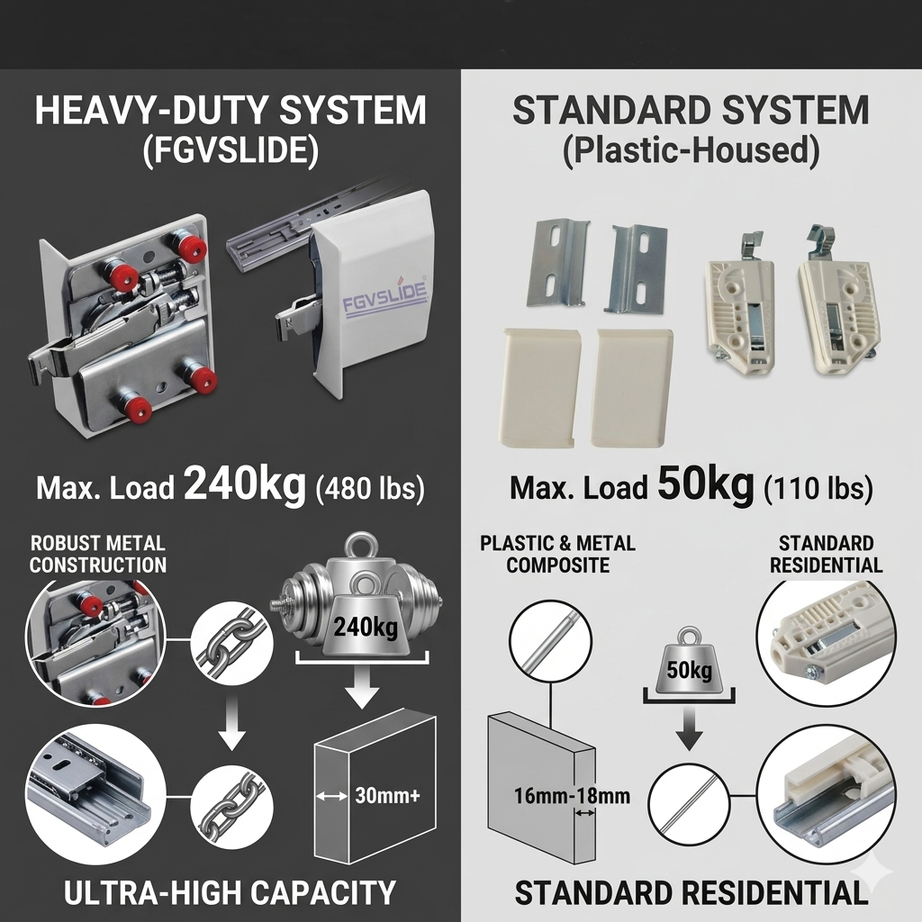 Close-up of heavy-duty galvanized steel cabinet hanger assembly with a certified 240kg load capacity, featuring large adjustment screws and a protective ABS cover.